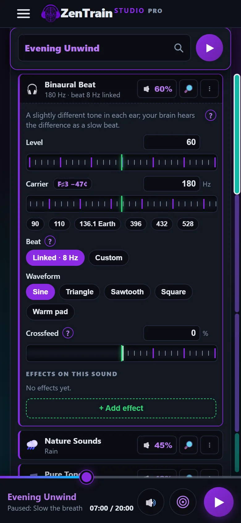 A Binaural Beat sound in Create, with its level, carrier, beat, waveform and crossfeed controls