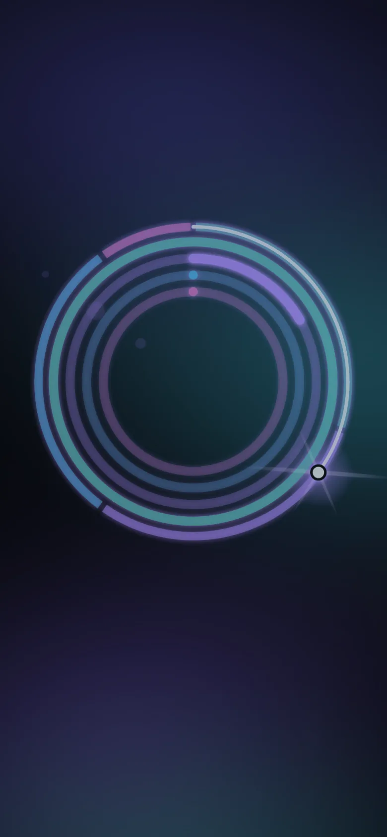 Focus mode with the stage list folded away: only the session's glowing rings, in the Aurora colours