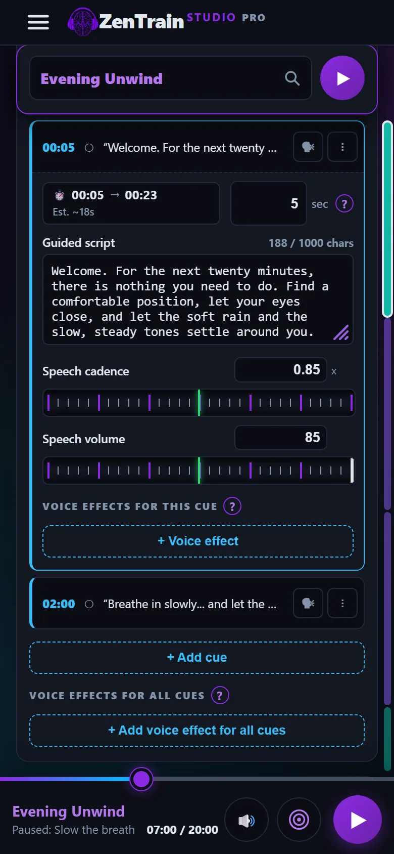 The guided script of a voice cue: its text, timing, speech pace and volume